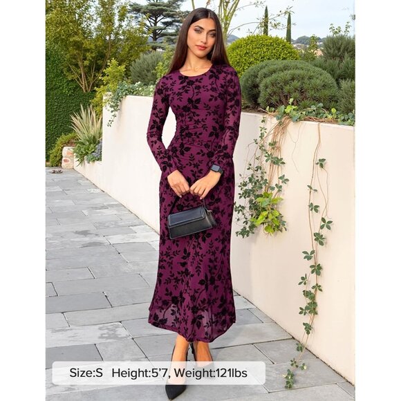 Zesica Women's LMauve Ruched Mesh Long Sleeve Floral Bodycon Cocktail Dress - Picture 5 of 6